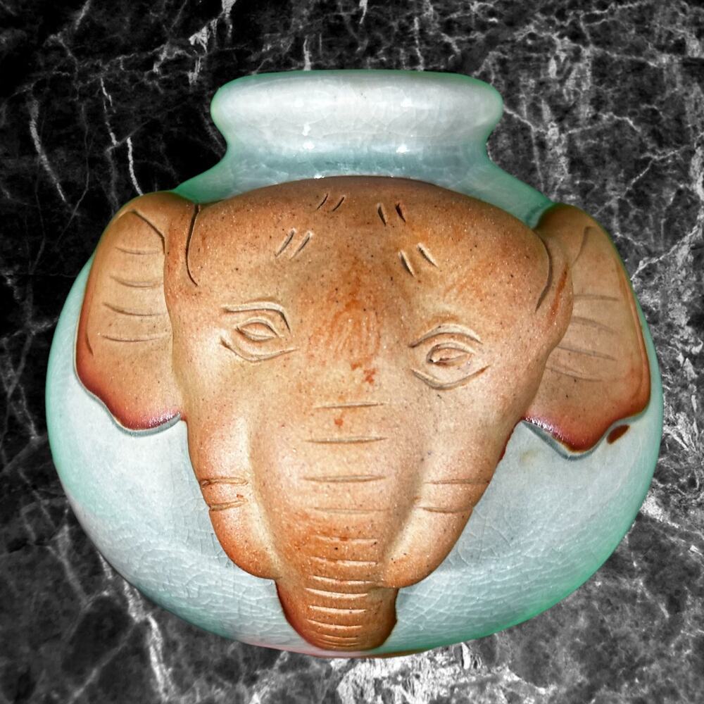 Siam Celadon Handmade Elephant Vase Jar Wood Ash Glaze Made in Thailand